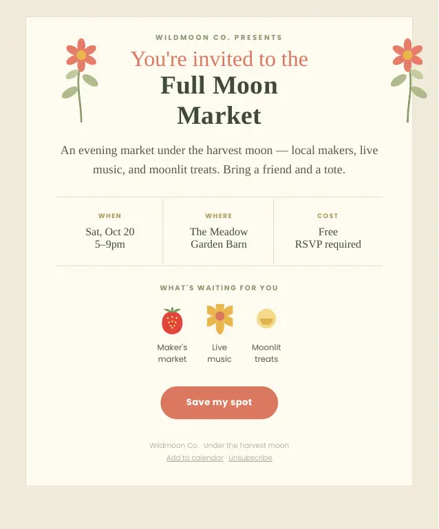 Full Moon Market event invitation email preview