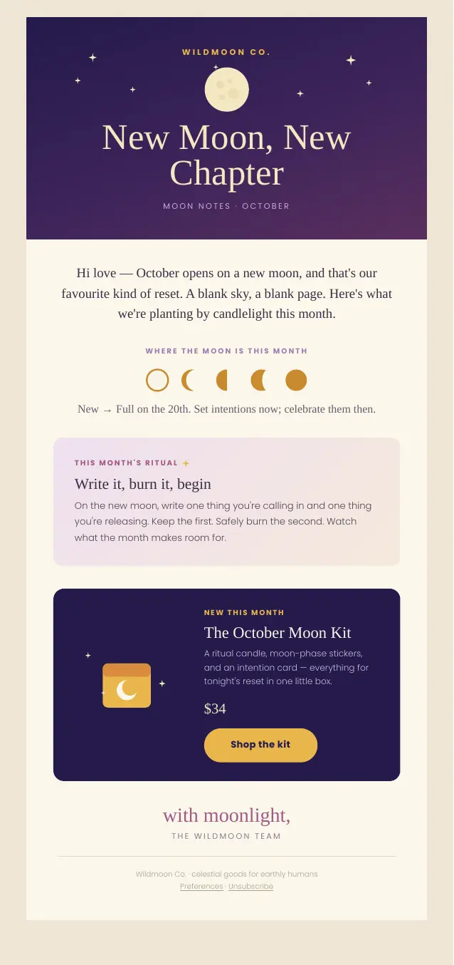 Moon Notes nurture newsletter preview
