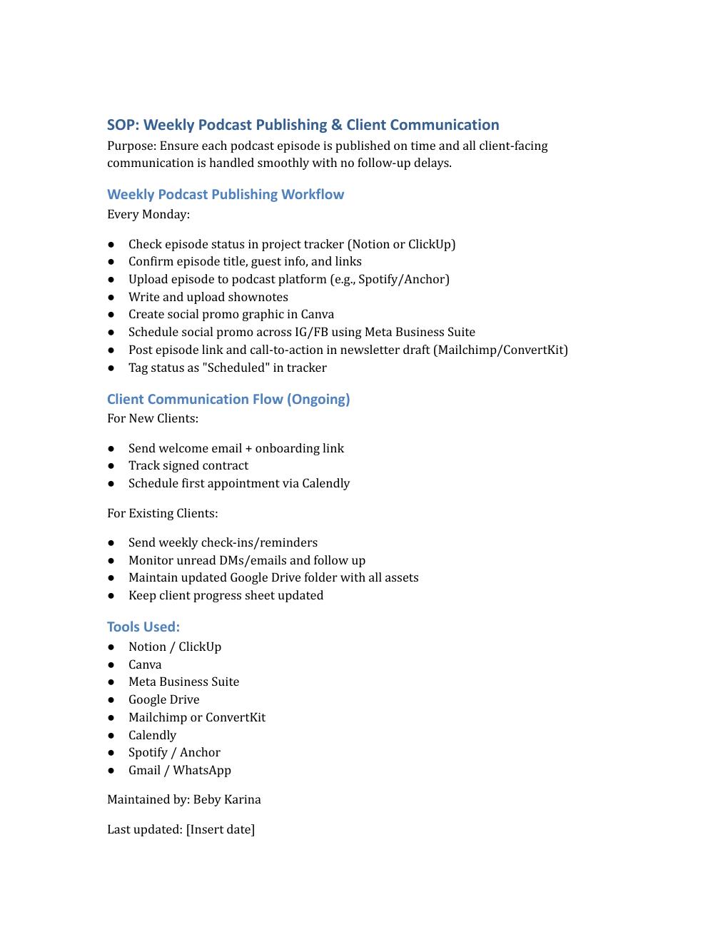 Podcast publishing and client communication SOP sample
